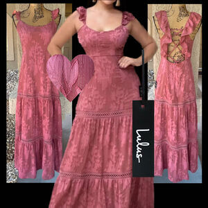 Lulus Rusty Rose Burnout Metallic threading  Lace-Up Open Back Maxi Dress Size M